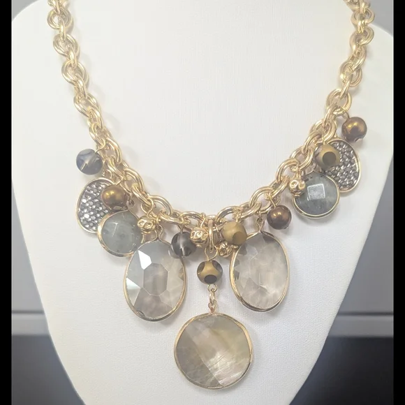 Gold Tone Agate Statement Necklace Stone Drop Collar Necklace Adjustable 16–20" - Picture 2 of 5